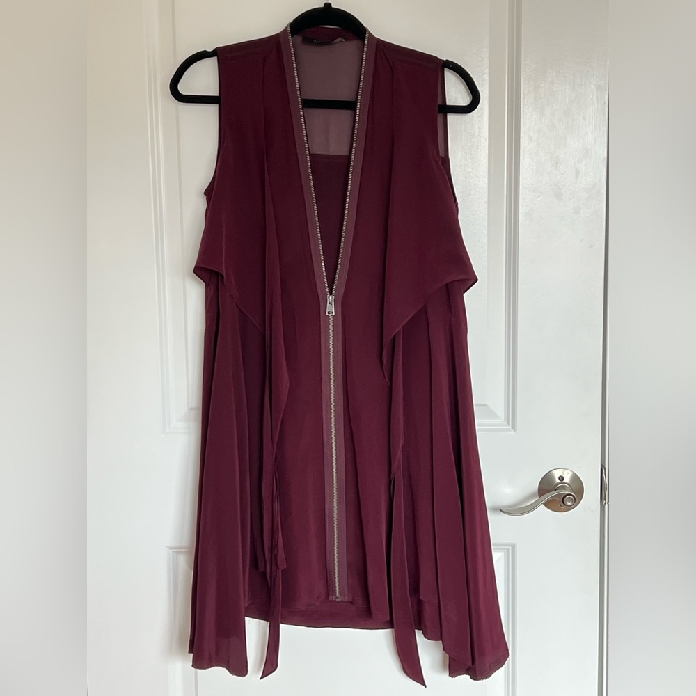 All Saints Jayda silk tie front, draped dress in burgundy, size 0